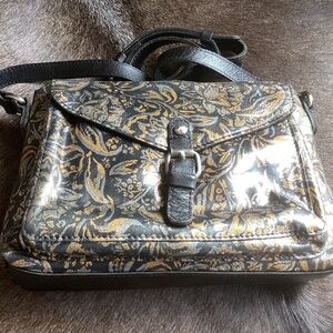 Patricia Nash Black Leather Metallic Floral Design Crossbody Handbag